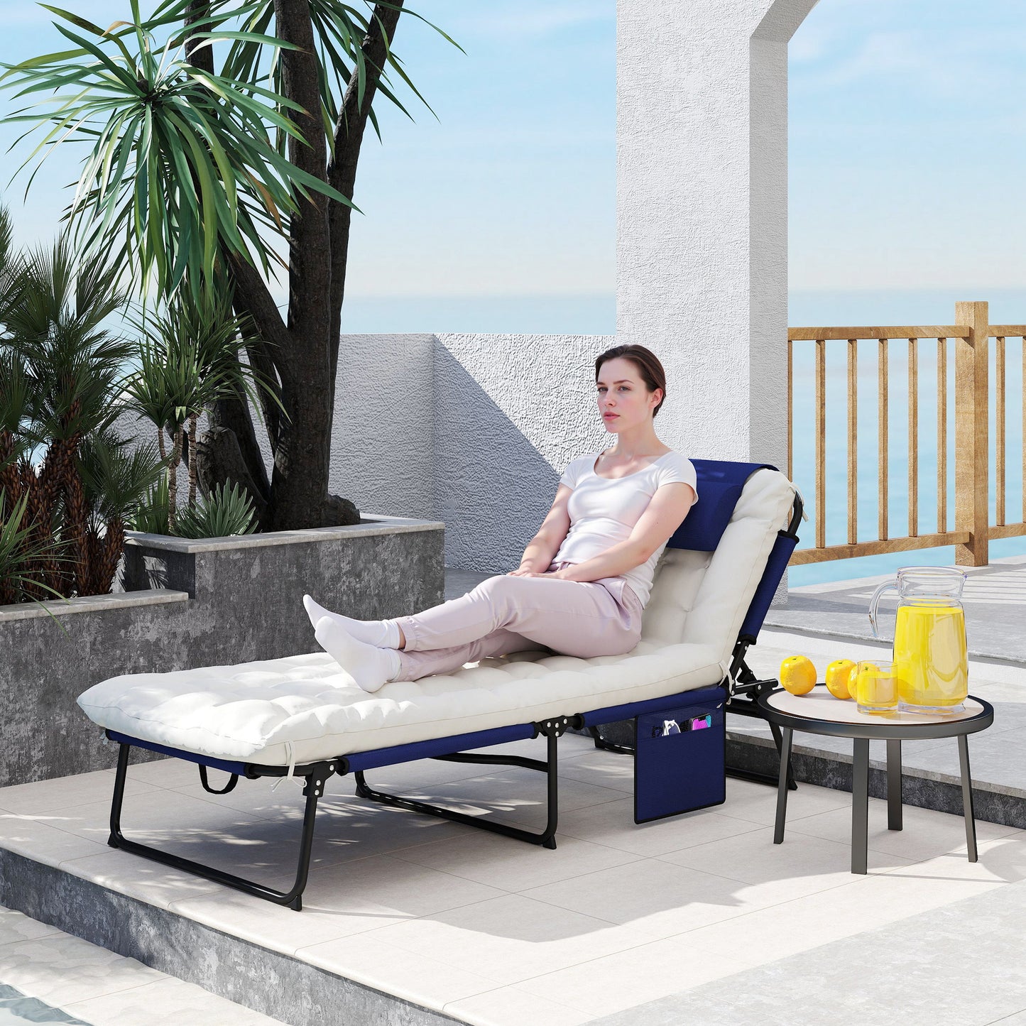 Folding Chaise Lounge Pool Chair With 4-level Reclining Back, Cushion, Side Pocket, Headrest, Navy Blue
