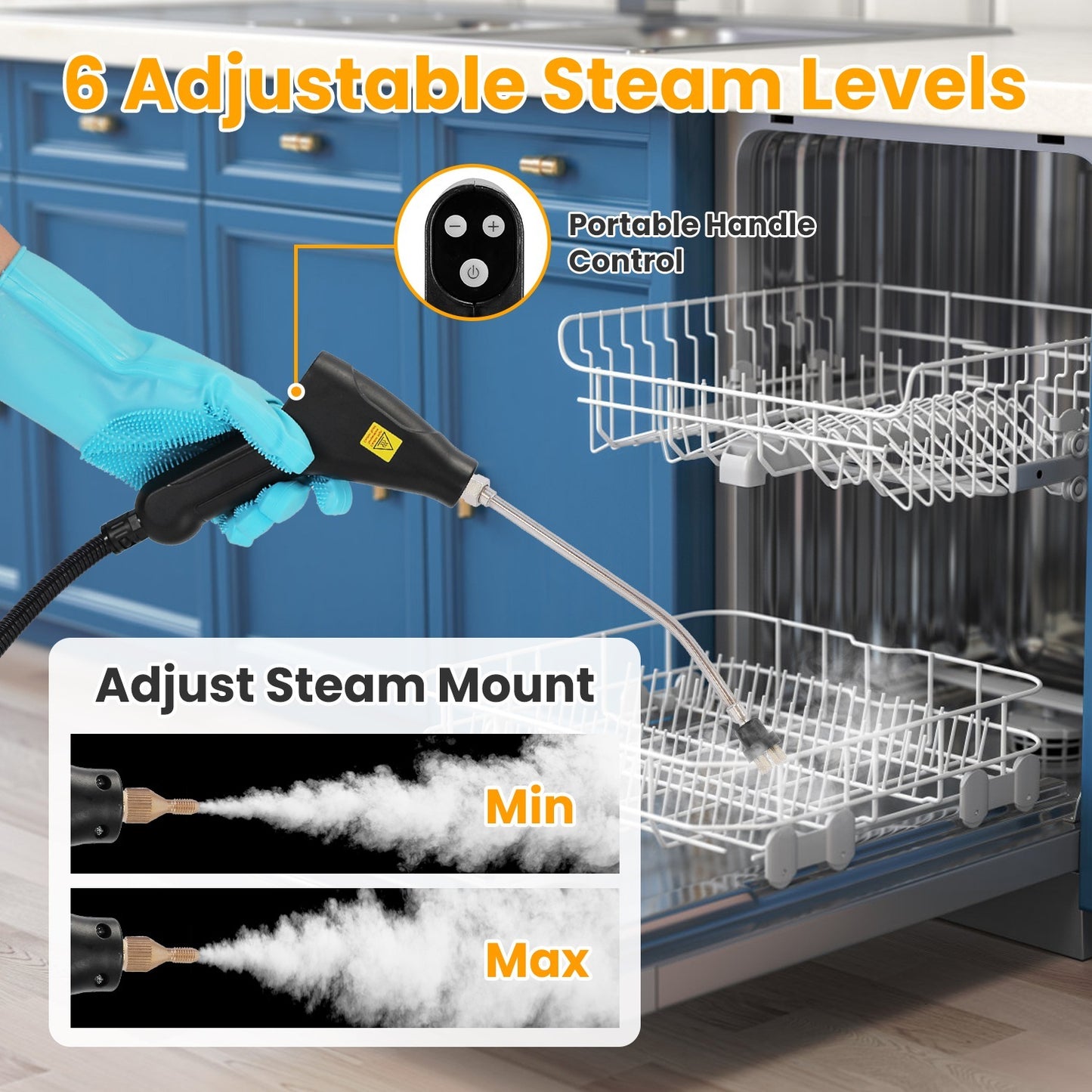 US Local 1500W Handheld High Temperature And Pressure Steamer Cleaner With 1200ML Tank 8 Accessories 6 Steam Levels Digital Display Handle Control For Dirt Grease Grout Tile Floor Couch Car