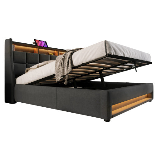 UK Local Upholstered Double Bed 150 X 200 Cm With LED Lighting, USB Type-C Charging Function, Storage Headboard, 5FT King Size Storage Bed Frame With Metal Slatted Frame, Linen, Grey No Mattress