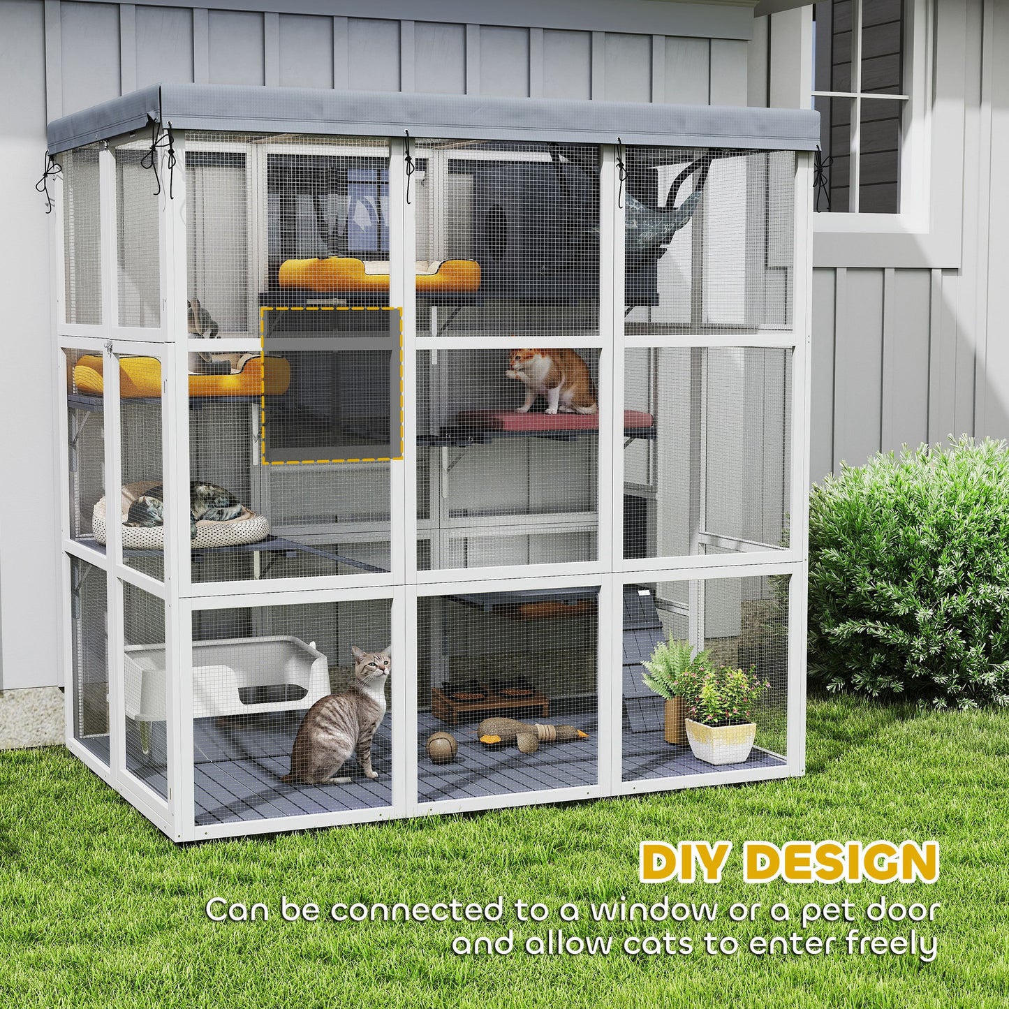US Local Large Outdoor Catio Cat Enclosure With Hammock, Condo,Platforms, Ladders, Ramps, Tarp, For 2-4 Large Cats, Gray