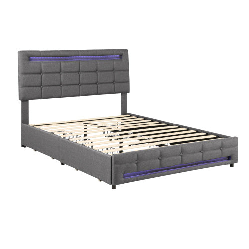 UK Local 4ft6 Double Upholstered Bed With LED Lighting And Storage Drawers, Linen Fabric Storage Bed Frame With Adjustable Button Tufted Headboard, No Box Spring Needed, Easy Assembly, Grey