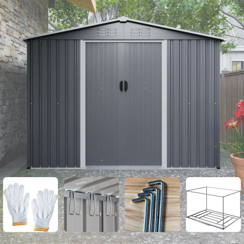 8x6 FT Outdoor Tool Storage Shed With Metal Foundation & Lockable Doors, All Weather Metal Sheds For Garden, Patio, Backyard, Lawn, Gray