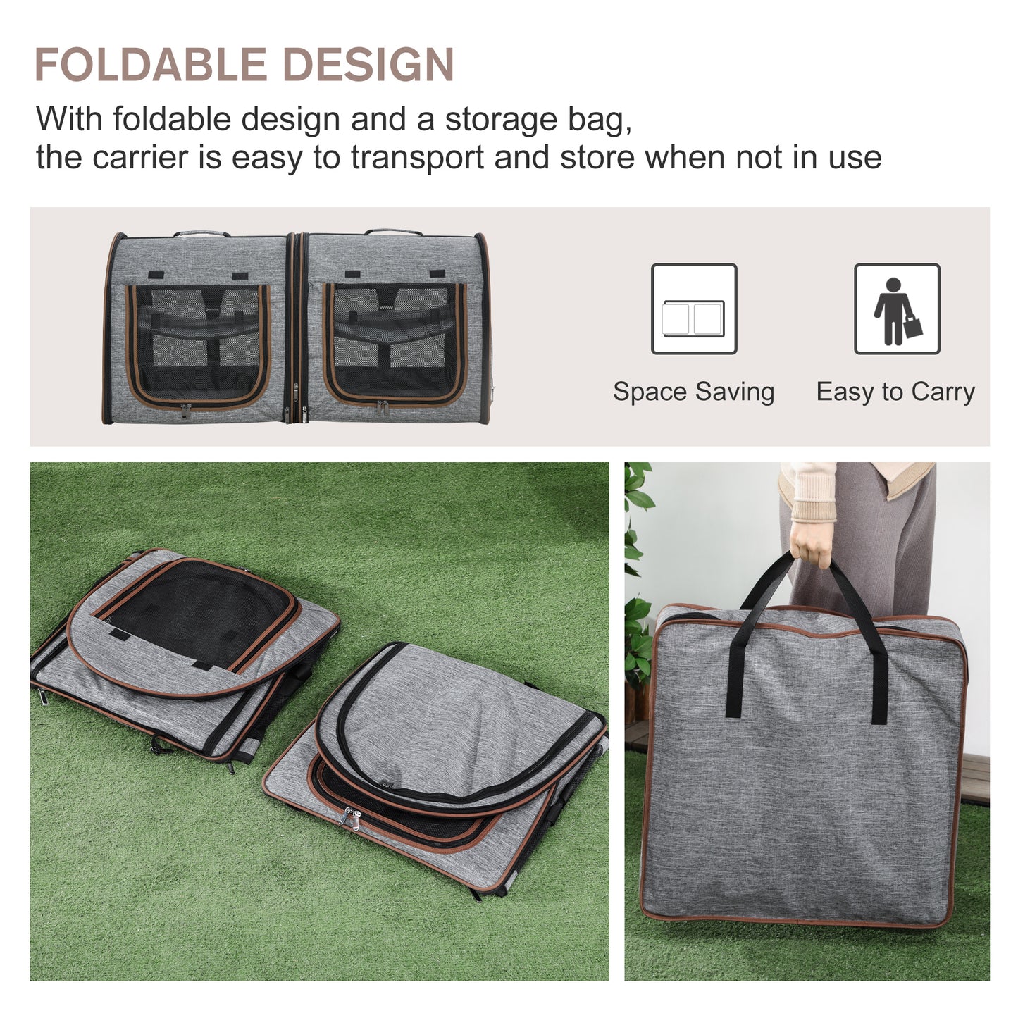 US Local Portable Soft-sided Pet Cat Carrier With Divider, Two Compartments, Padded And Storage Bag, Grey