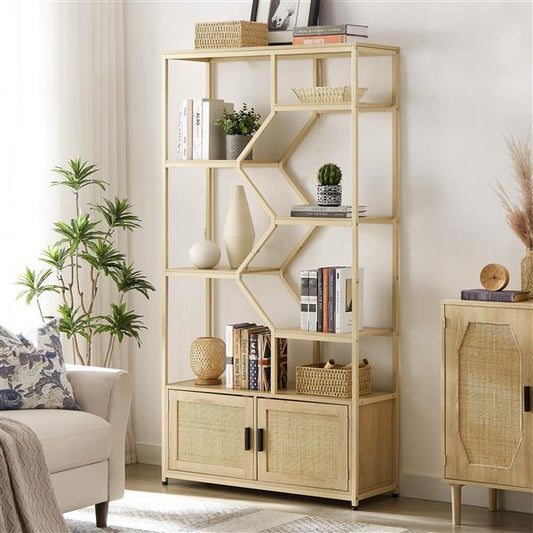 US Local Bookshelves In Rattan, 7-tier Bookcase Storage Shelves For Living Room, Home Office, Natural Color