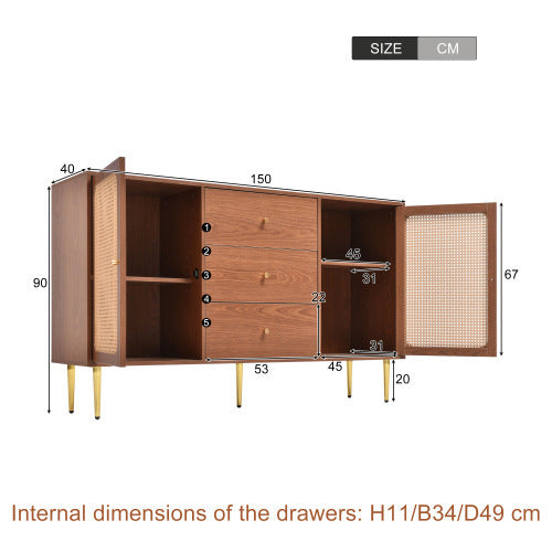 UK Local Rattan Sideboard Cabinet For Living Room, Chest Of Drawers With With 2 Doors And 3 Drawers, Adjustable Shelf, Walnut -90H 150W 40D Cm