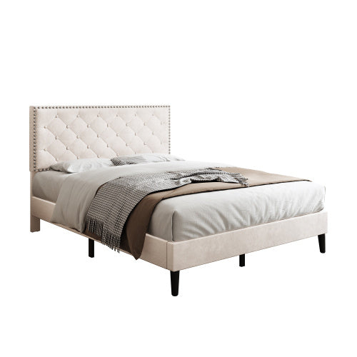 UK Local 4ft6 Double Upholstered Velvet Bed Frame, With Adjustable Button-Tufted Riveted Headboard, Velvet Platform Bed Frame With Solid Wood Slat And Mute Foam, No Box Spring Needed, Easy Assembly, Beige