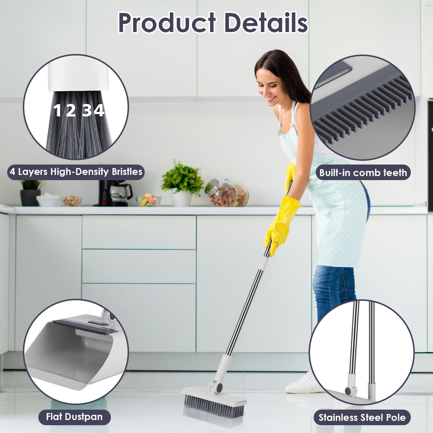 US Local 1Set Broom And Dustpan Combo Set With Squeegee Stainless Steel Handle 4 In 1 Upright Standing Broom And Dust Pan For Indoor Outdoor Garage Kitchen Room Office Sweeping