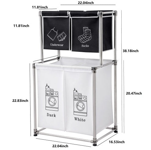 US Local Laundry Hamper 2 Tier Laundry Sorter With 4 Removable Bags For Organizing Clothes, Laundry, Lights, Darks