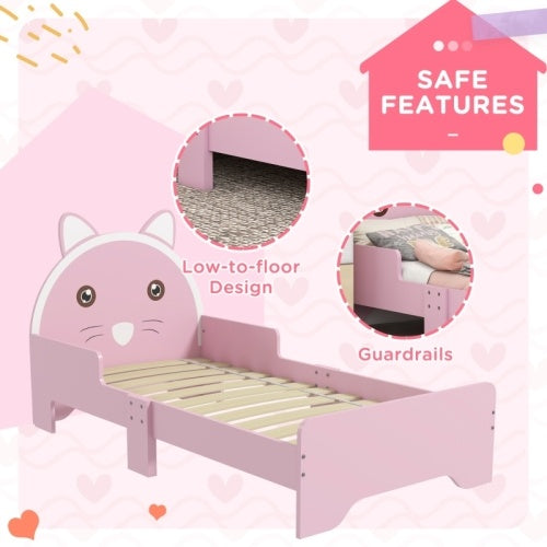 UK Local ZONEKIZ Bed For Kids Cat Design Toddler Bed Frame Bedroom Furniture With Guardrails, For 3-6 Years, 143L X 74W X 72Hcm - Pink
