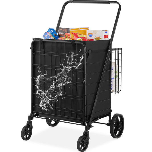 US Local VEVOR Folding Shopping Cart With Removable Waterproof Liner, 330LBS Large Capacity Jumbo Grocery Cart With Dual Basket, Swivel Wheels, Dense Metal Mesh Base, Heavy Duty Utility Cart For Shopping