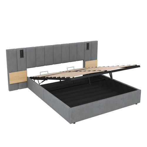 UK Local King Upholstered Bed With Charging Station, Velvet Hydraulic Storage Bed With Reading Light, 5ft King Bed Frame With Channel Tufted Headboard And Adjustable Bedside Shelf, Grey No Mattress