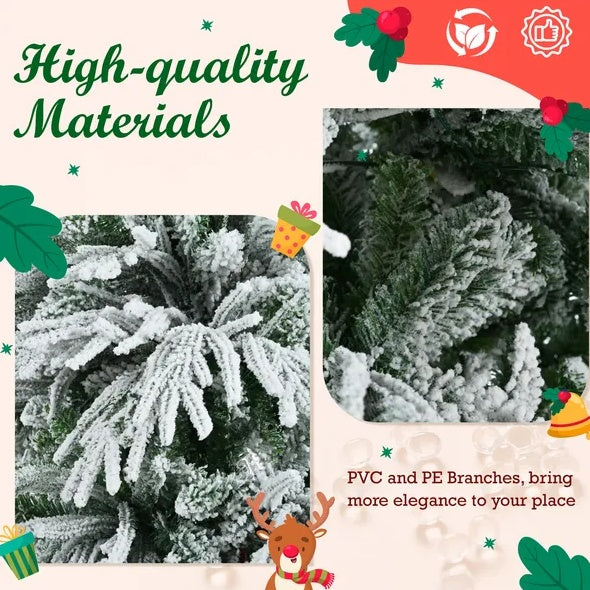 US Local 6FT Pre-Lit Spruce Snow Flocked Christmas Tree, Artificial Hinged Xmas Tree With 300 Multi-Color LED Lights, 8 Flashing Modes &790 Snow Branch Tips, Holiday Office Home