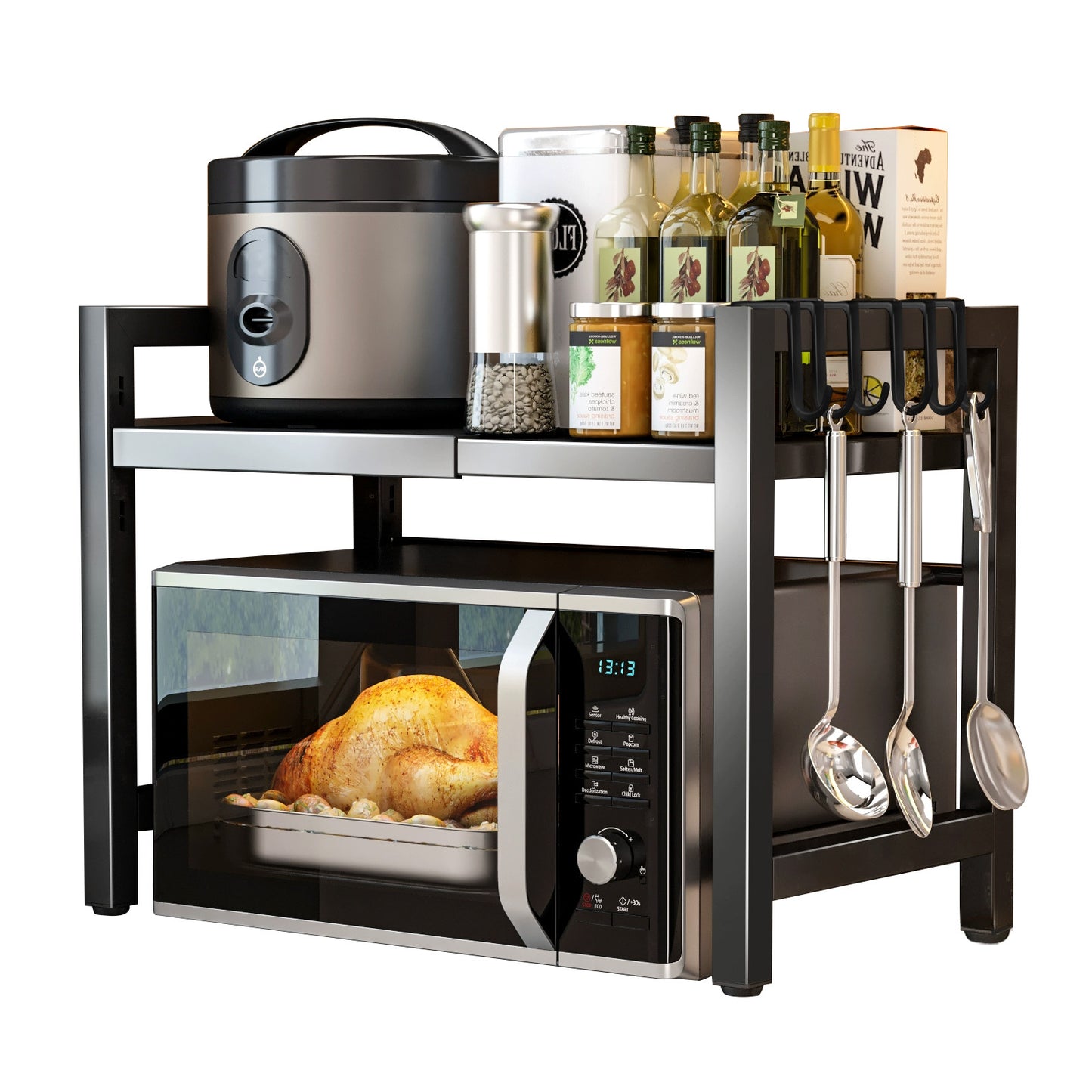 UK Local Black Single-layer Double Bar With 6 Hooks And Extendable Kitchen Storage Rack
