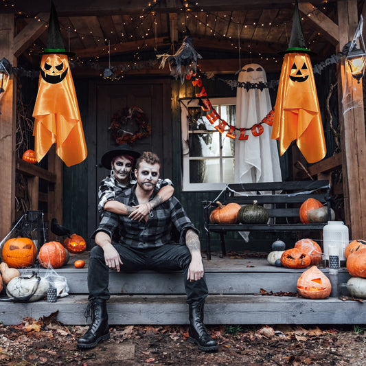 US Local 2 Pcs Hanging Ghosts With Wizard Hat Snicker Scary Face Halloween Party Hanging Decorations Pumpkin Wizard Hat For Eave Tree Porch