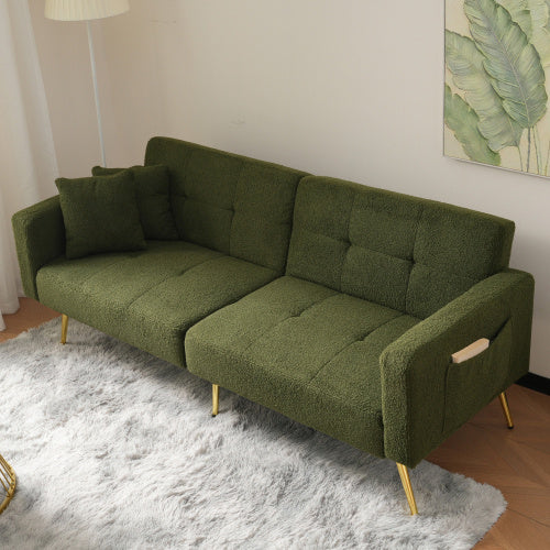 UK Local The Sofa Bed Has A Bed Function, Three Adjustable Backrest Angles, Gold Legs, Cushions And Side Storage Pockets.