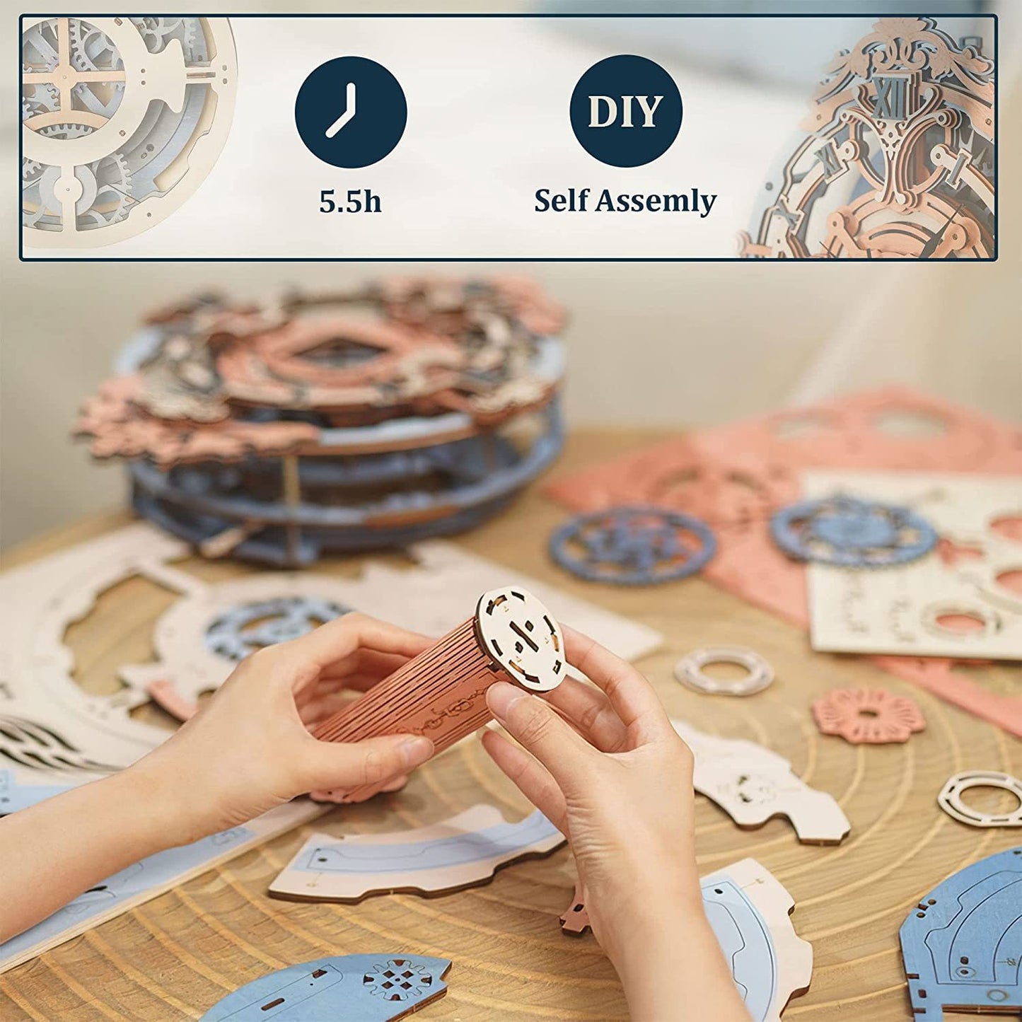 US Local Robotime ROKR 3D Wooden Puzzle Time Art Romantic Notes Wall Clock Model Toys For Children Kids - LC701