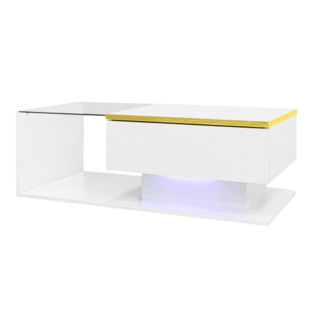 UK Local 90 Cm Long Coffee Table, High-Gloss White. Side Tables, Coffee Tables With Glass And LED Effect