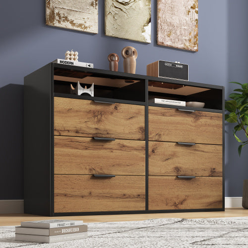UK Local Sideboard Cabinet Dresser With 6 Drawers And 2 Open Shelves ,Amber Glass Chest Of Drawers, Anti-tip,Dressing Table For Living Room, Bedroom, And Children's Room, 120 X 40 X 80 Cm, Oak