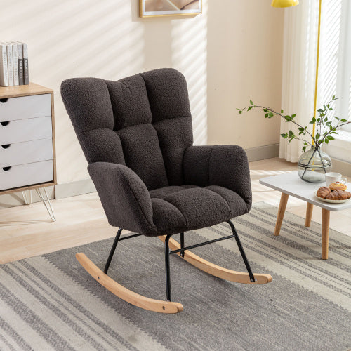 UK Local New Modern Teddy Fabric Tufted Upholstered Rocking Chair With Pull-out Footrest