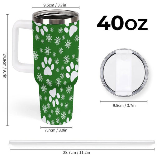 PHDT00312 POD US Local Tumbler 40 oz Large Capacity Car Cup Christmas Snowflakes Cats Dogs Paws Snowflakes Green