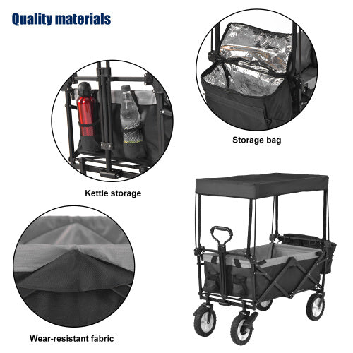 UK Local Garden Cart With Romovable Canopy, Foldable Trolley Wagon 4 Wheels Front Cup Holder Cooler Bag Push Pull Handle Hand Truck Black