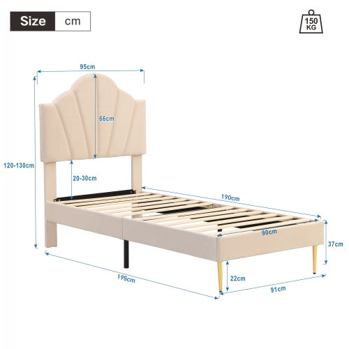 UK Local Velvet Upholstered Bed,Single Bed-3ft 90x190cm, Shell-like Bed With Golden Iron Legs, Wooden Slatted Frame, Upholstered Bench With Storage Space 90x40x42cm