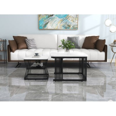 UK Local Set Of 2 Tables Square Coffee Table Coffee Table Set Nesting Sofa Table Multi-functional End Side Table Nesting Tables With Black Metal Frame Legs And Marble Pattern White Top For Living Room Home