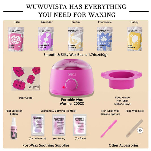 US Local Waxing Kit WUWUVISTA 23 Items Hair Removal Wax Kit With Wax Warmer Waxing Beads For Face, Brazilian, Full Body, Bikini, Sensitiive Skin Skin Suitable For Plugs Of American, European Specification