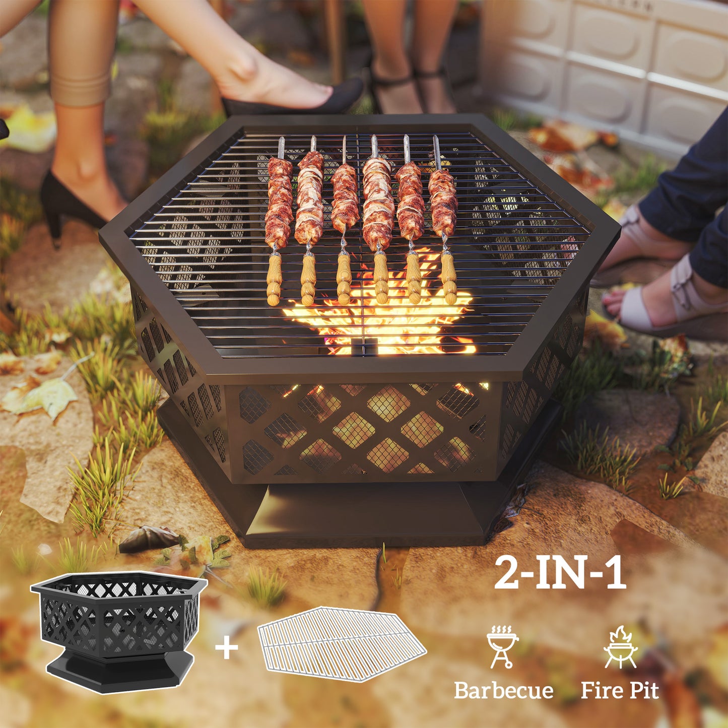 US Local 28 Outdoor Fire Pit With Grill Hexagon Fireplace Wood Burning Firepit With Cooking Grate, Fire Poker, Screen Lid