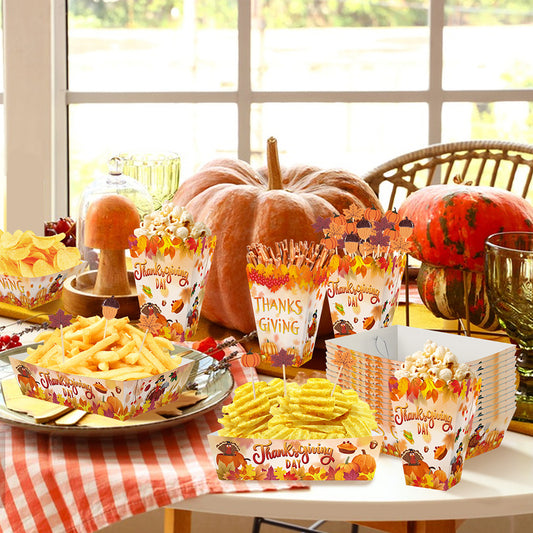 134 Pcs Thanksgiving Party Tableware Set Include Pumpkin Paper Plates Popcorn Boxes Food Trays With Fall Cocktail Picks Disposable Fall Harvest Dinnerware Set For Autumn Holiday Thanksgiving