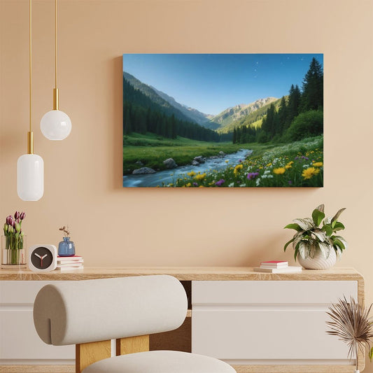 POD Decor Interior Frame Painting Horizontal, Mountain river starry summer