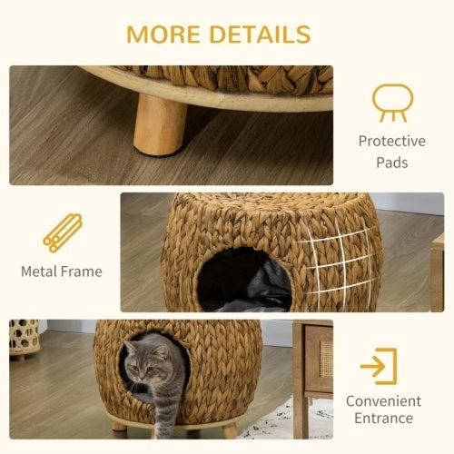 UK Local PawHut Wicker Cat Bed Cat House Stool With Washable Cushion, 44 X 43 X 41cm