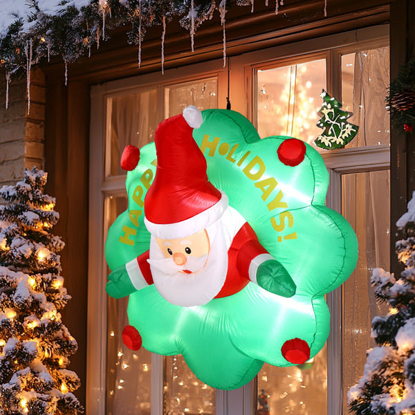 US Local 4ft Window Santa Claus Wreath, 5 LED Lights, Bundle Pocket Christmas Inflatable Decoration