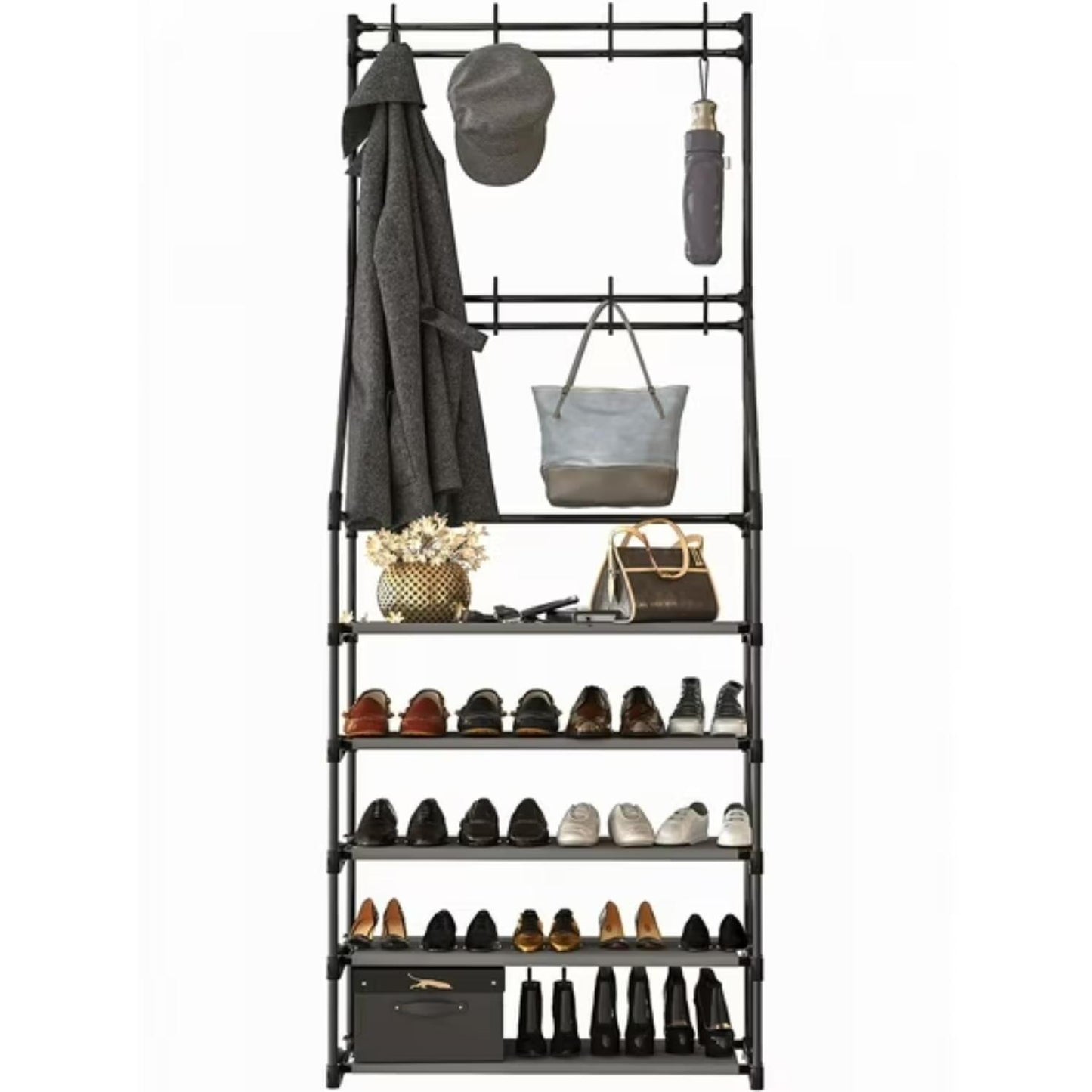 US Local 5-Tier Shoe Rack Shoe Storage For Entryway,Narrow Shoe Rack,Coat And Shoe Rack With 8 Hooks