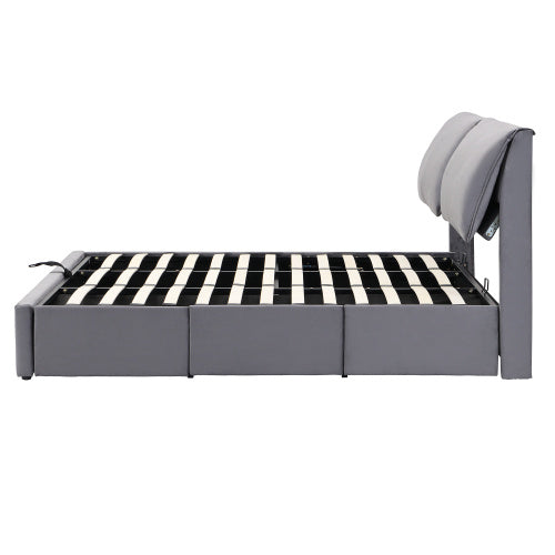 UK Local Upholstered Bed,King Size Bed-5ftm 150x200cm, Hydraulic Bed, Three Drawers, Bed Box For Storage, Slatted Frame With Headboard, Without Mattress, Velvet, Grey