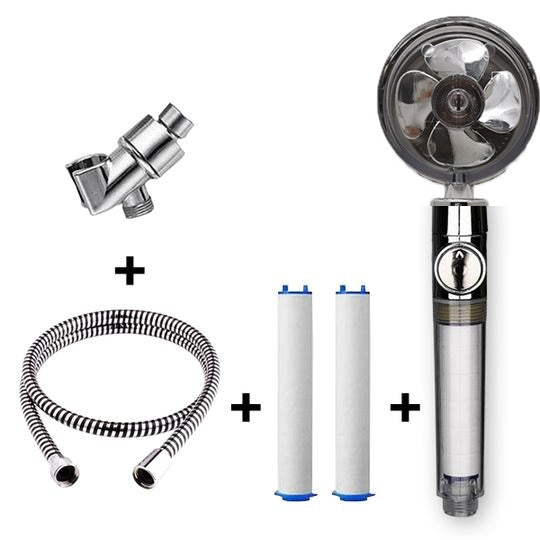 US Local Propeller Driven Shower Head With Stop Button And Cotton Filter Turbocharged High Pressure Handheld Shower Nozzle