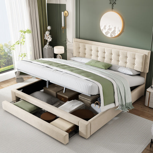 UK Local Upholstered Bed King Size Bed 5ft 150x200cm Velvet Fabric Double Bed Large Storage Space,With Slats And Headboard,Without Mattress,Grey