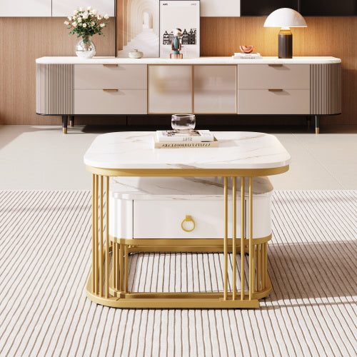 UK Local Nestable Coffee Table High Gloss Marble Exterior, Gold Accents, Side Table With Drawer. Set Of Two