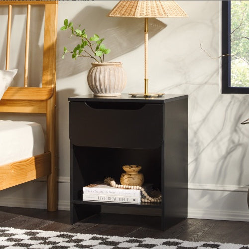 US Local Modern Minimalist 1-Drawer Nightstand With Cubby Black