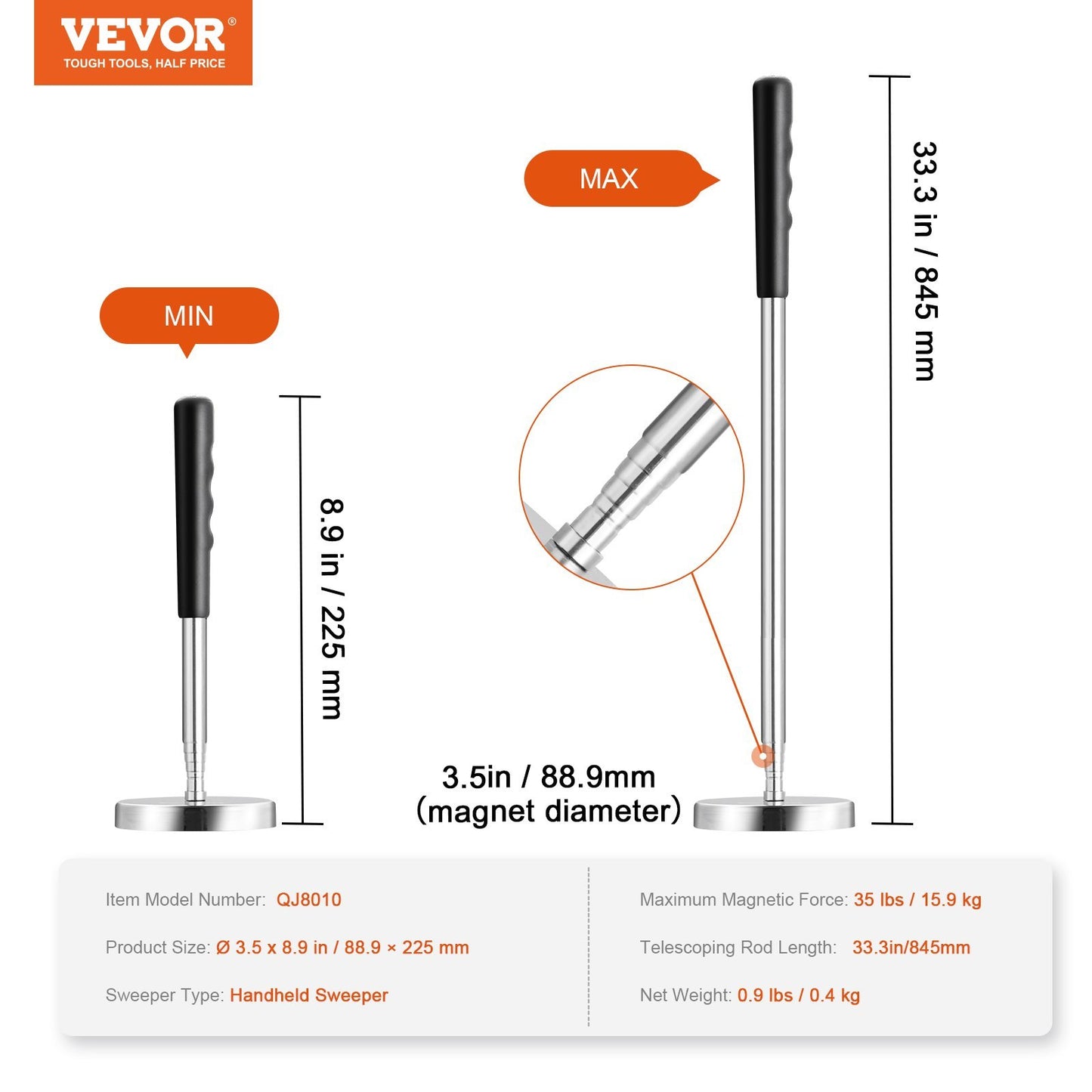 US Local VEVOR Telescoping Magnetic Sweeper Pickup Tool, 3.5inch Handheld Screws Parts Finder With 35LB Pull Capacity, Retractable Handle 8.3 To 33 Inches With Strong Magnet, Pick Up Nails Screws Metal Parts