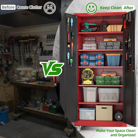 US Local Garage Storage Cabinet With Pegboard And 5 Adjustable Shelves, Metal Lockable Cabinet With Magnetic Doors,Tool Storage,Home Office Garage,Gym,School Black-red