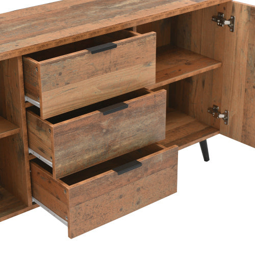 UK Local Sideboard Storage Cupboard Kitchen Buffet Sideboard TV Cabinet With Adjustable Shelves Dresser Vertical Cabinet Three Drawers For Living Room Dining Room Bedroom Vintage Brown 140cm