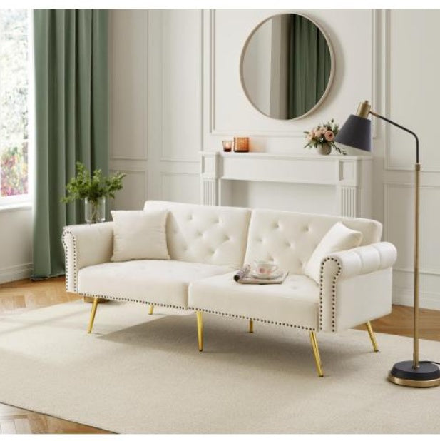 UK Local Modern 2-Seater Sofa Bed Velvet Upholstery, 3 Stage Adjustable Backrest Gold Plated Metal Feet Stylish Sofa With Sleeping Function Space-Saving Durable Ideal For Small Spaces