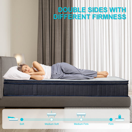 US Local Single Bed Mattress, 30.48 Cm Hybrid Double Bed Mattress With Individual Pocket Coils, Boxed Plush Foam, Medium Softness, Motion Isolation Pressure