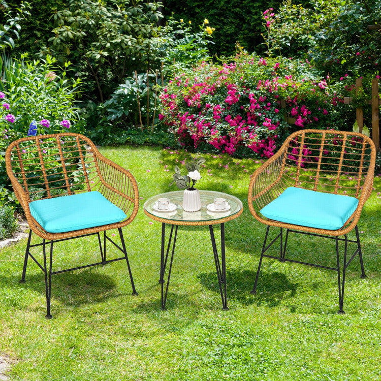 US Local 3 Pieces Rattan Furniture Set With Cushioned Chair Table