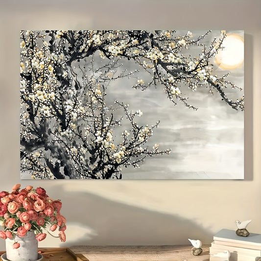 US Local 1 Framed Wooden Canvas Painting, Yellow Flowers And White Decorative Trees, Framed Wall Art, Suitable For Living Room And Bedroom, Home Decoration, Holiday Gift