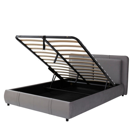 UK Local Upholstered Bed, Hydraulic Bed With Storage Function, 4ft6 Double Bed 135x190cm, Durable And Sturdy, Removable Soft Headboard Backrest, Velvet Plywood, Grey