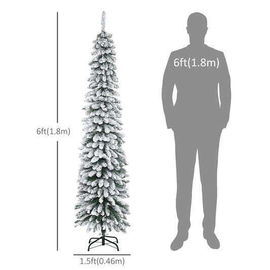 CA Local 6 Ft Snow-Flocked Artificial Christmas Tree, Slim Pencil Xmas Tree With Realistic Branches, Metal Base, Green