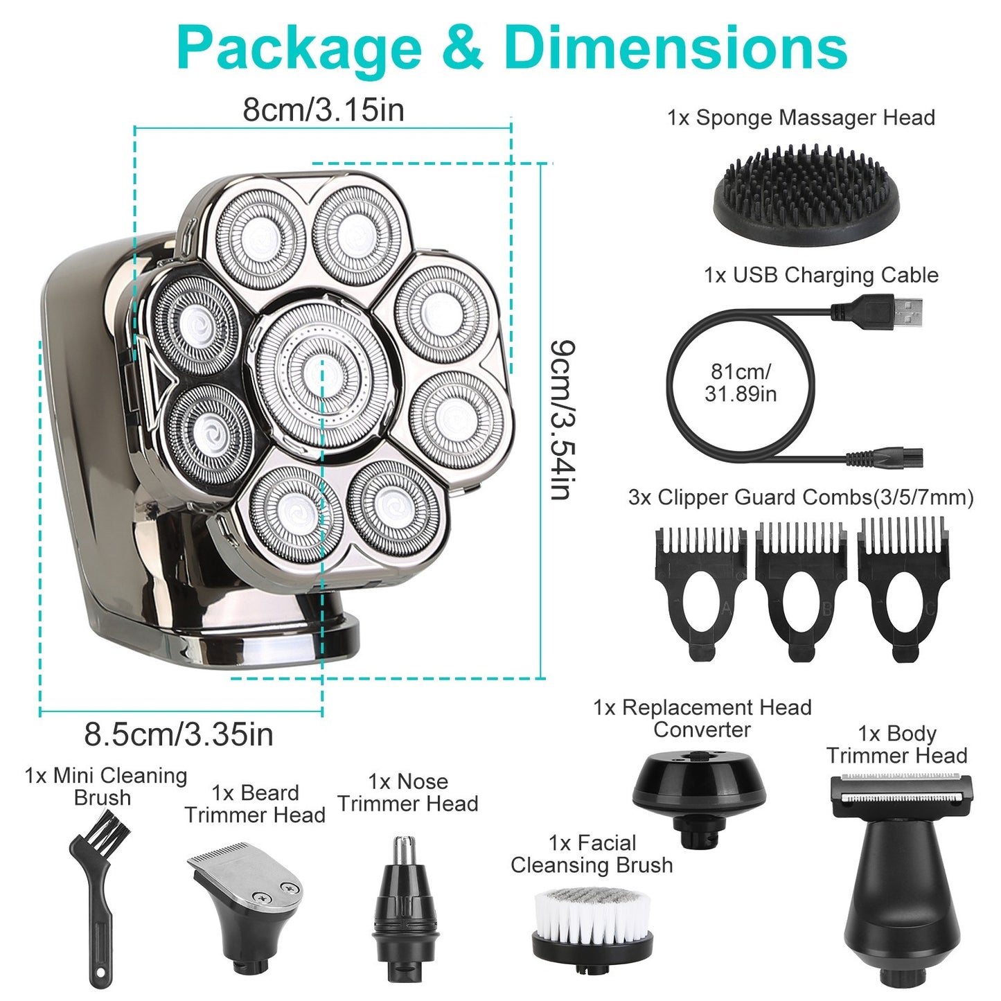 US Local 1Pc 6 In 1 9D Electric Head Shaver For Men Cordless Rechargeable Wet Dry Razor With LED Display Travel Lock Stall Protection Cleaning Reminder