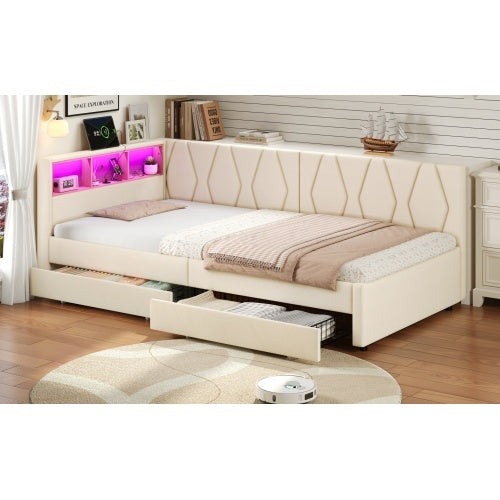 UK Local 3ft Single Daybed With Two Storage Drawers, LED Modern Bed Frame With Charging Station, Linen Sofa Bed For Living Room Bedroom Study Room, 90X190cm, Easy Assembly, Beige